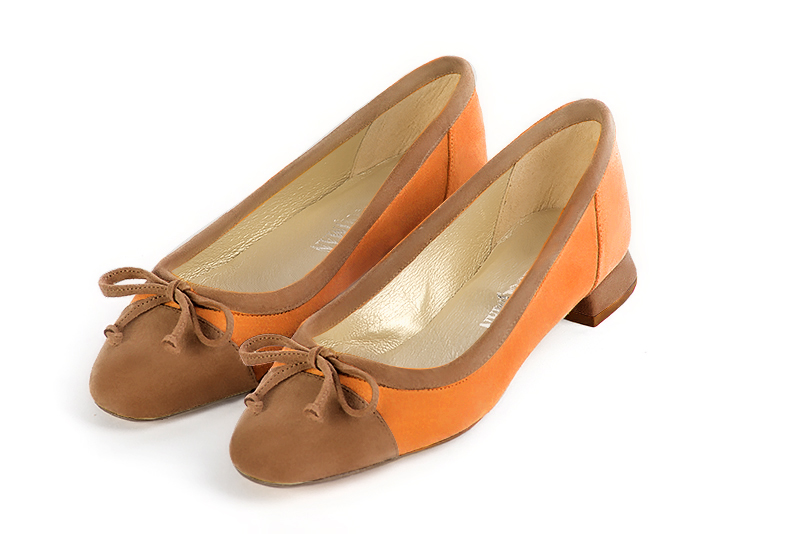 Camel beige and apricot orange ballet pumps, with low heels. Square toe.  Flat flare heels